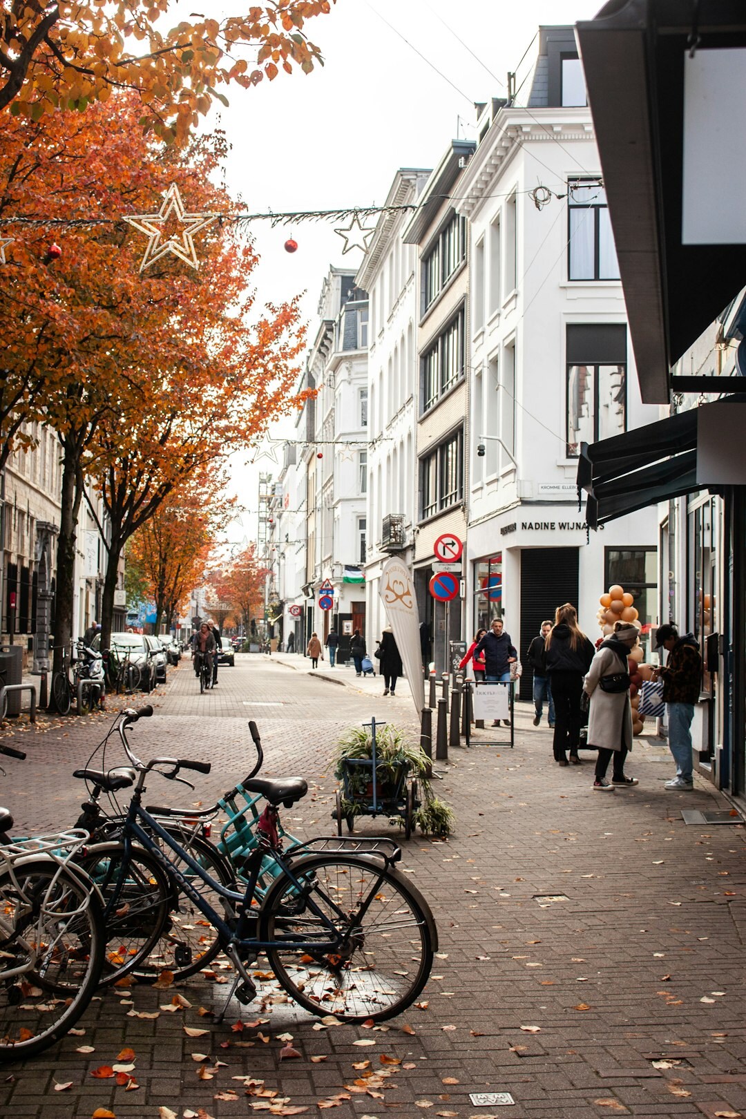 Danish residential street with parked bicycles in autumn