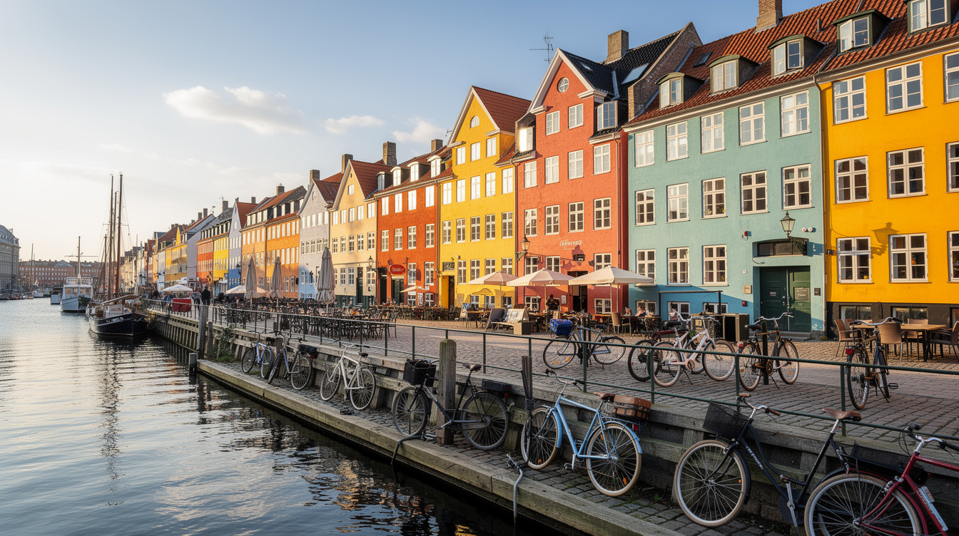 Colorful townhouses and bicycles along the Nyhavn canal in Copenhagen